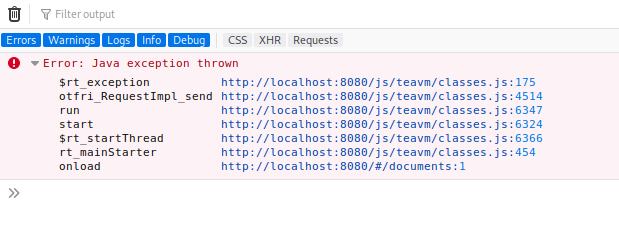 fetch request fails with Java exception thrown